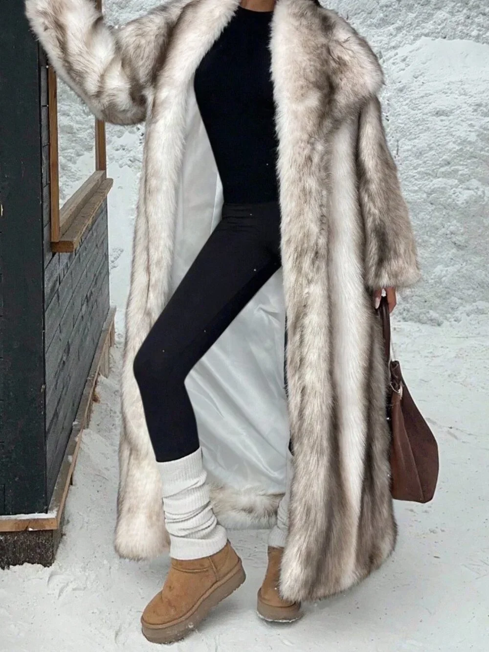 White Casual Women's Long Faux Fur Collar Coat